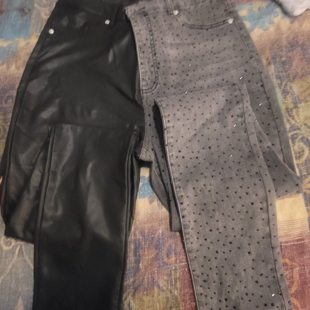 AKIRA Black Denim Two-Tone Faux Leather Rhinestone Stretch Skinny Jeans size 19